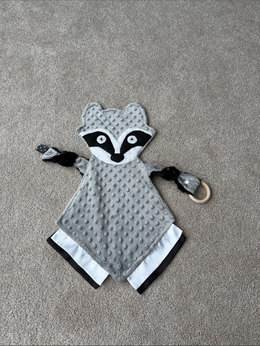 Grey Raccoon Comforter lovey Teether for Kids homemade